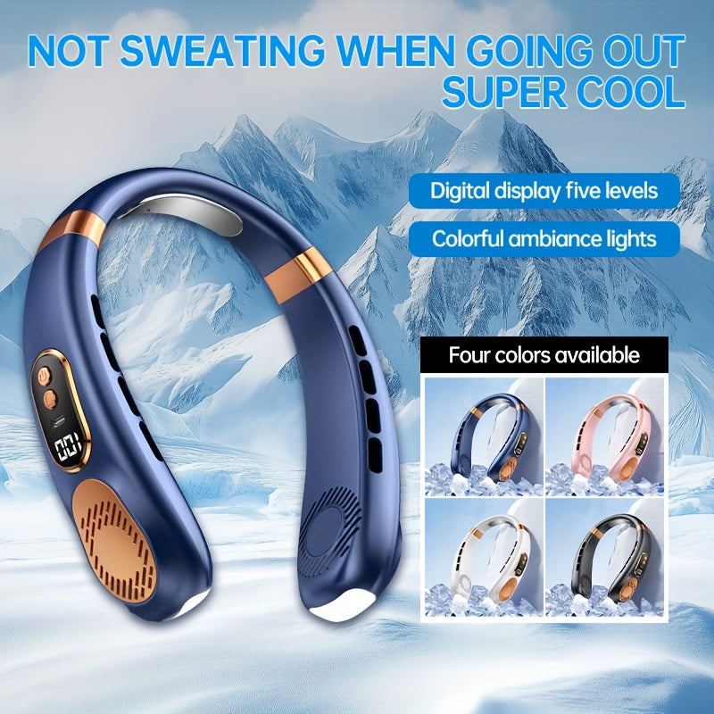 Portable Neck Fan with LED Display, 5-Speed Adjustable Cooling, USB Rechargeable for Home Office Outdoor Cycling