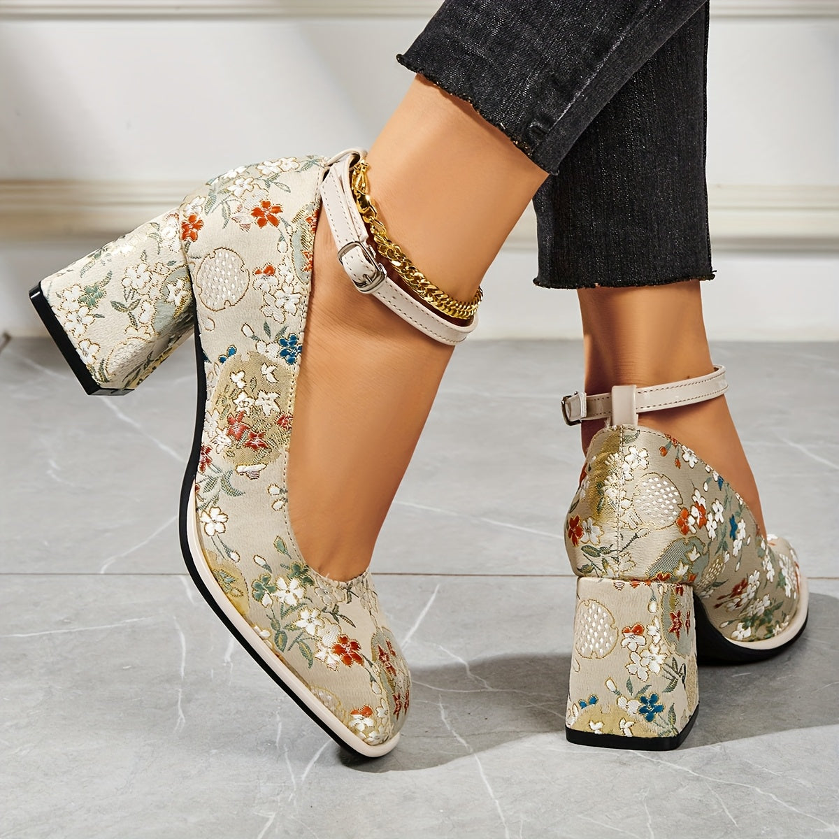 Women's Floral Block Heel Pumps Dress Shoes with Ankle Straps