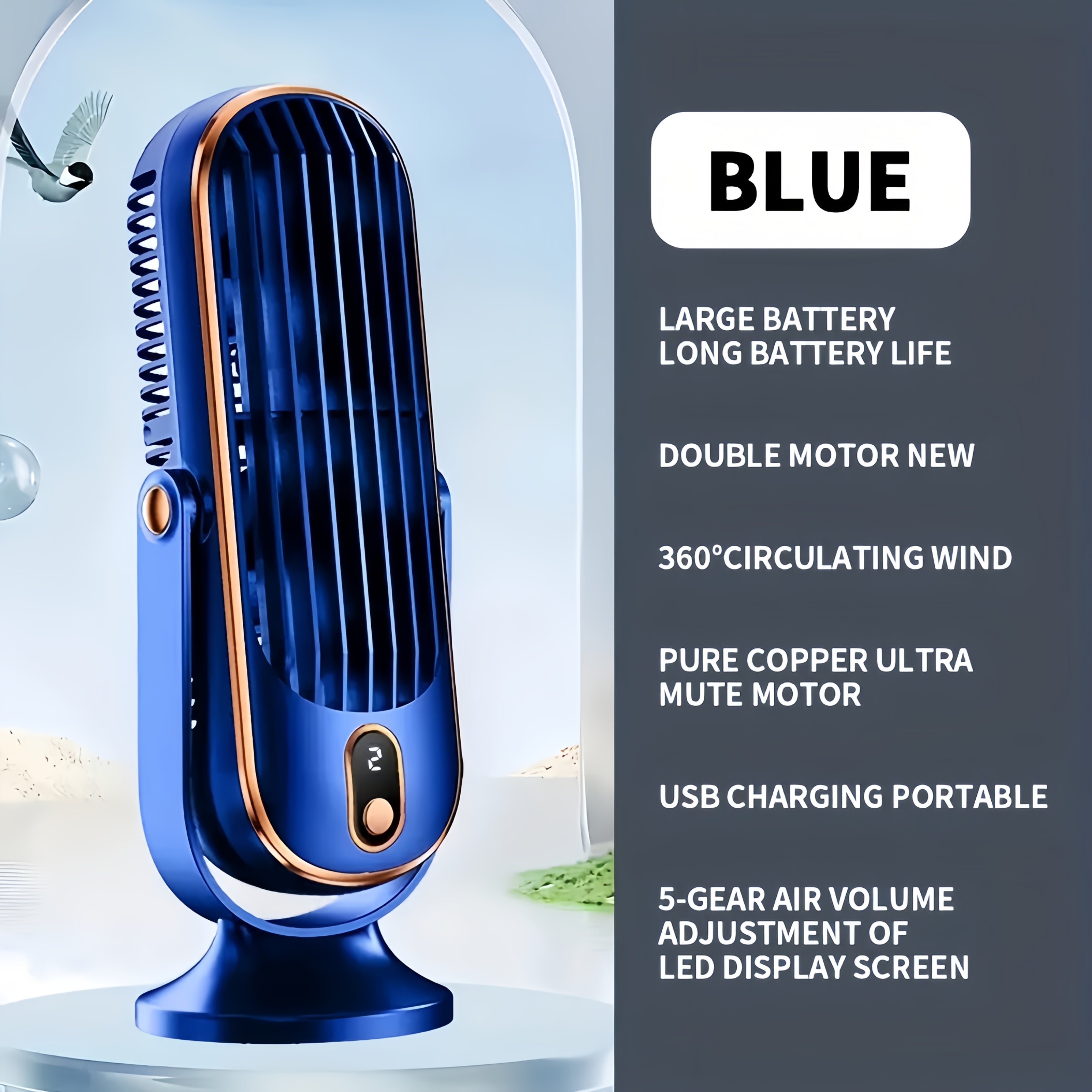 Portable USB Desktop Fan with Dual Blades, 5 Speeds, 360° Rotation, Rechargeable Battery