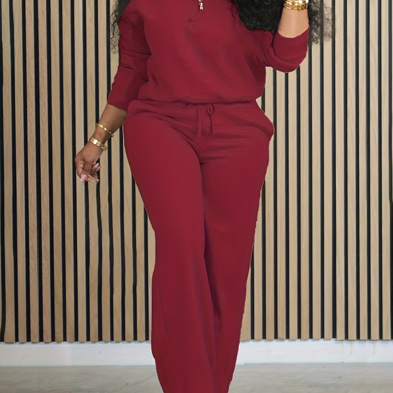 Women's Polyester Elastane Vacation Set Top and Bottom with Zipper and Stand Collar All-Season Casual Outfit