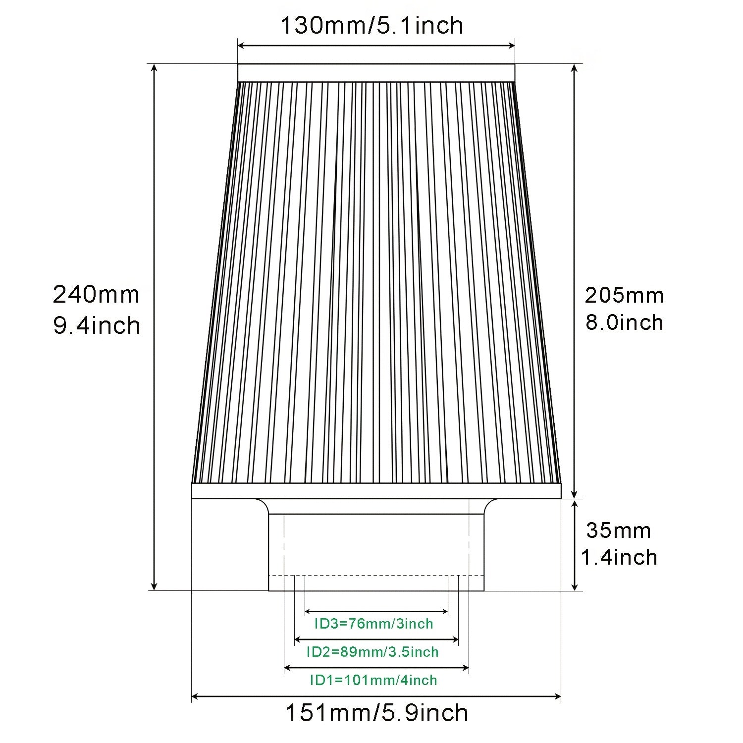 Universal Fit Air Filter Cartridge High Flow Polyester 76MM 90MM 101MM