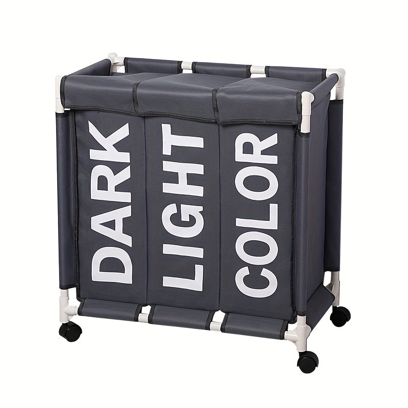 Large Waterproof Laundry Basket with 3 Compartments on Wheels for Home Organization