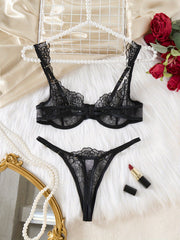 Women's Sheer Floral Embroidered Lingerie Set with Breathable Solid Color Bra and Thong