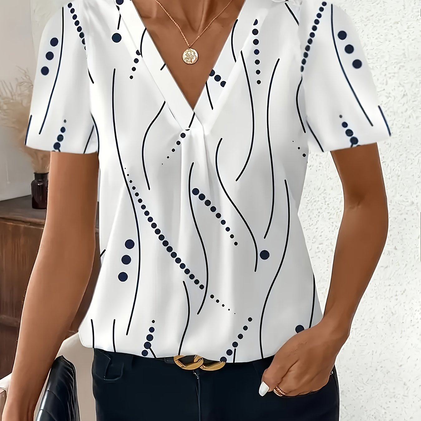 Women's Plus Size V-Neck Polka Dot Short Sleeve T-Shirt Casual Fall Wear