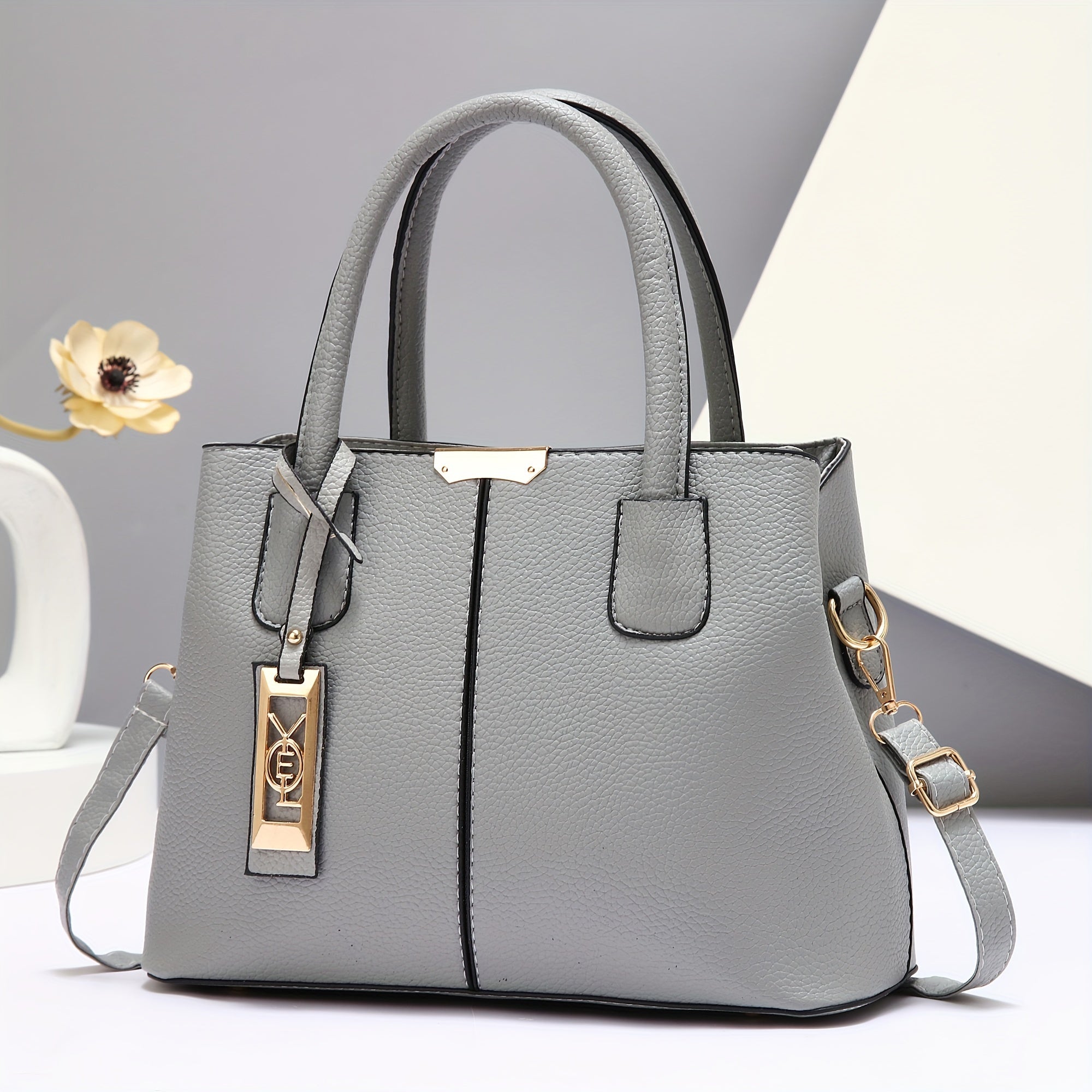 Gray PU Tote Bag with Adjustable Straps and Zipper Closure for Casual Use