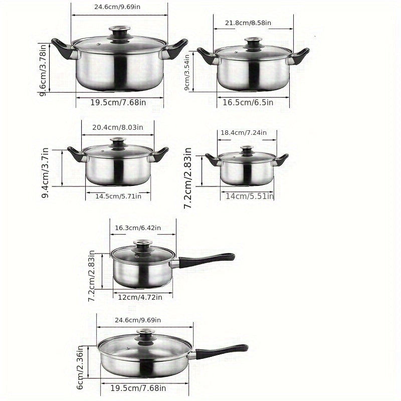 Набор посуды из нержавеющей стали на 12 предметов с антипригарными сковородами для газовых и индукционных плит