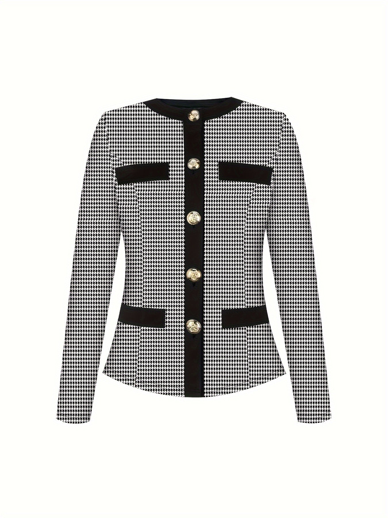 Conjunto de dos piezas de estampado pata de gallo para mujer, blusa de manga larga con botones y falda, elegante, de poliéster