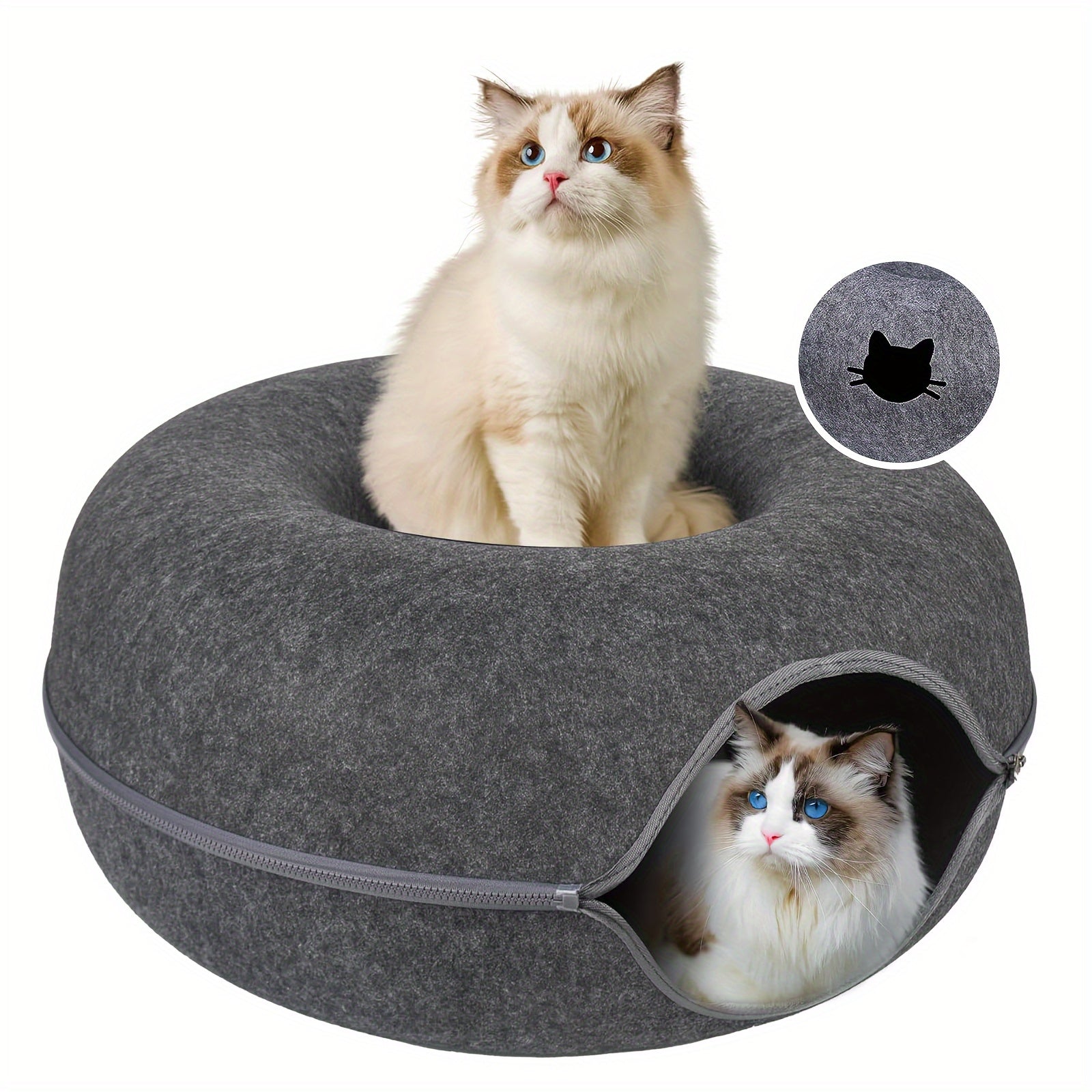 Gray Wool Felt Cat Tunnel Bed with Zippered Split, Foldable, Versatile Indoor Pet Bed