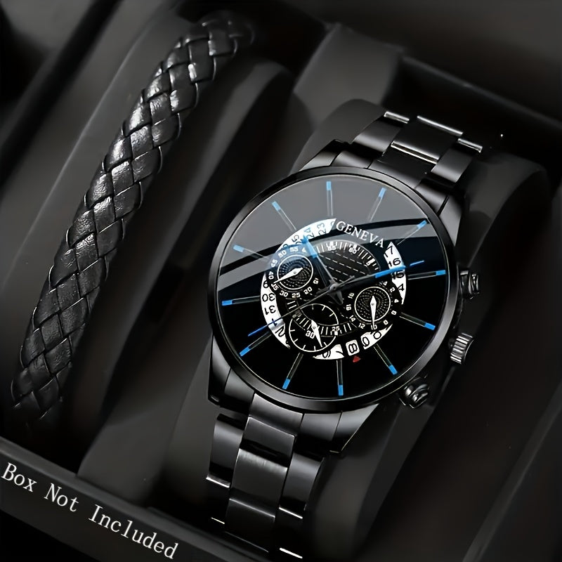 Set of 2 Men's Round Dial Quartz Watches with Woven Bracelets for Gift Giving