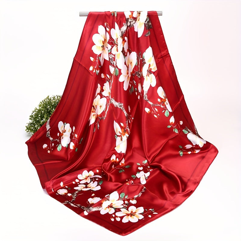 Navy Blue Floral Satin Square Scarf with Pink Flower Design and Elegant Border