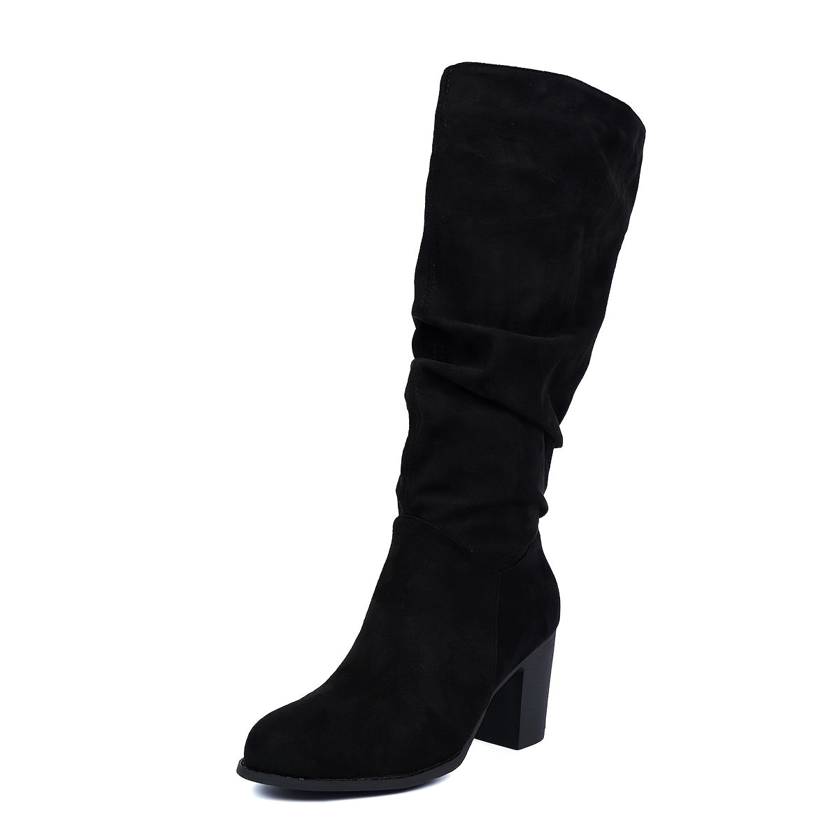 Women's Solid Color Mid Heel Block Boots Round Toe Slip-On Fabric