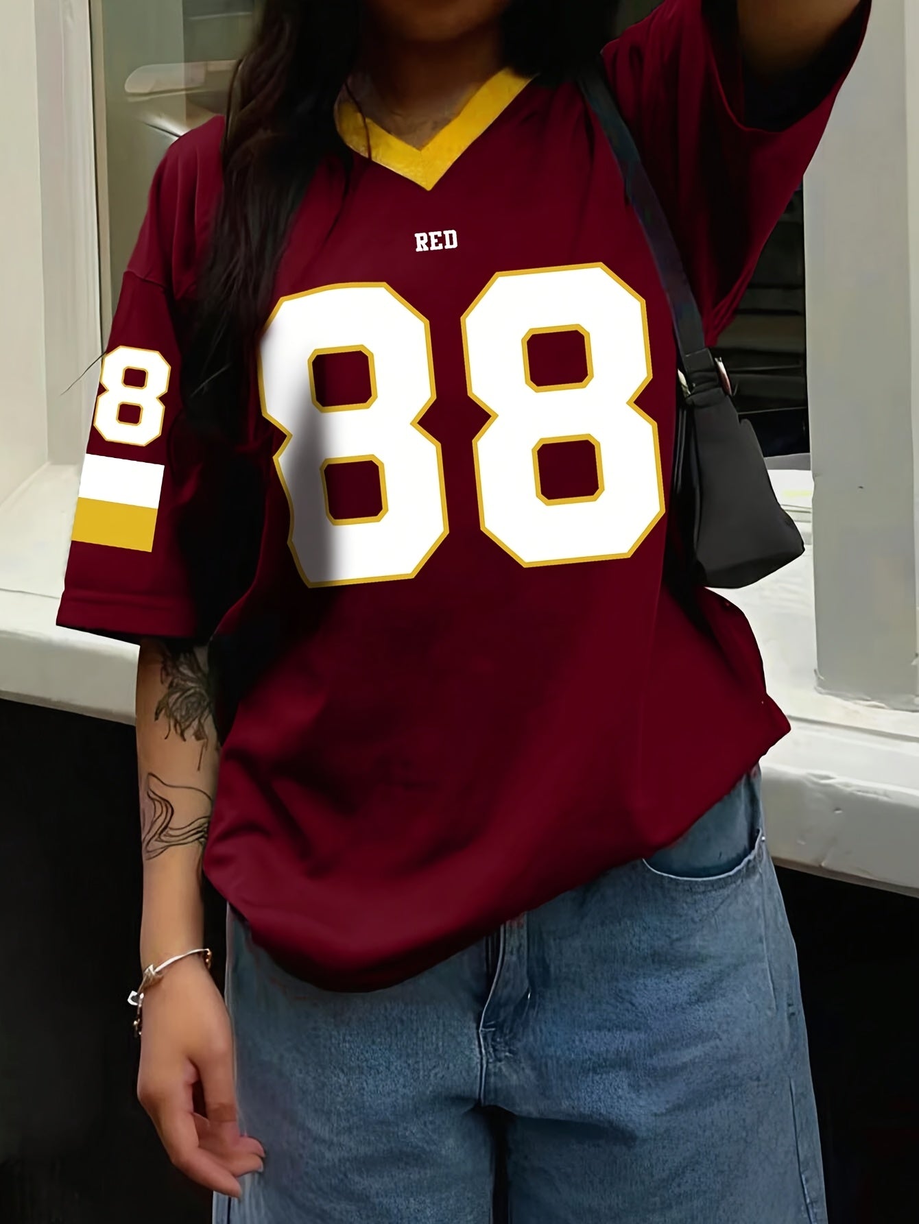 Maroon V-Neck T-Shirt for Women with "223.52cm" and "RED" Print Short Sleeve Loose Fit Polyester