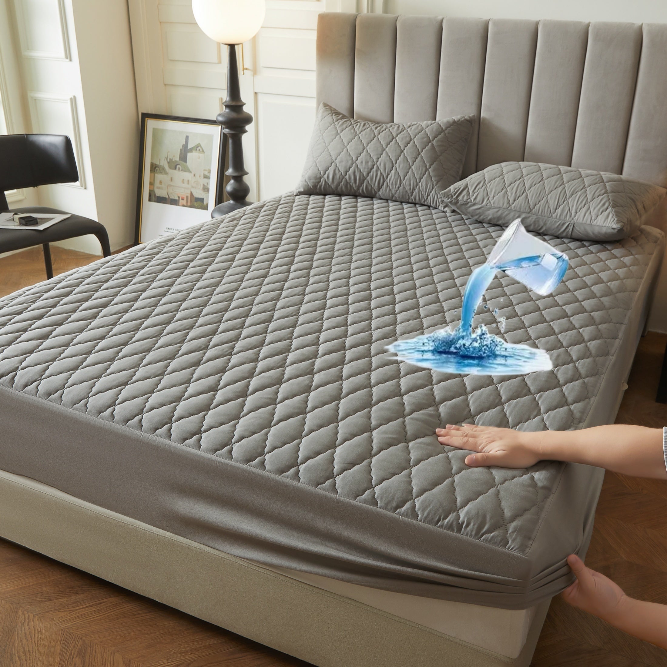 Waterproof Mattress Protector Solid Color Layered Design Water-Resistant Non-Slip Bed Cover