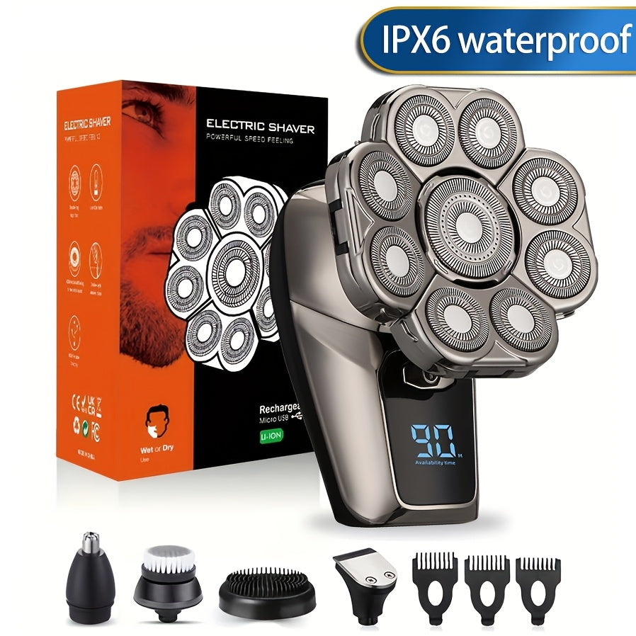 Мужской беспроводной электробритва с роторными лезвиями, триммером для носа и массажной щеткой