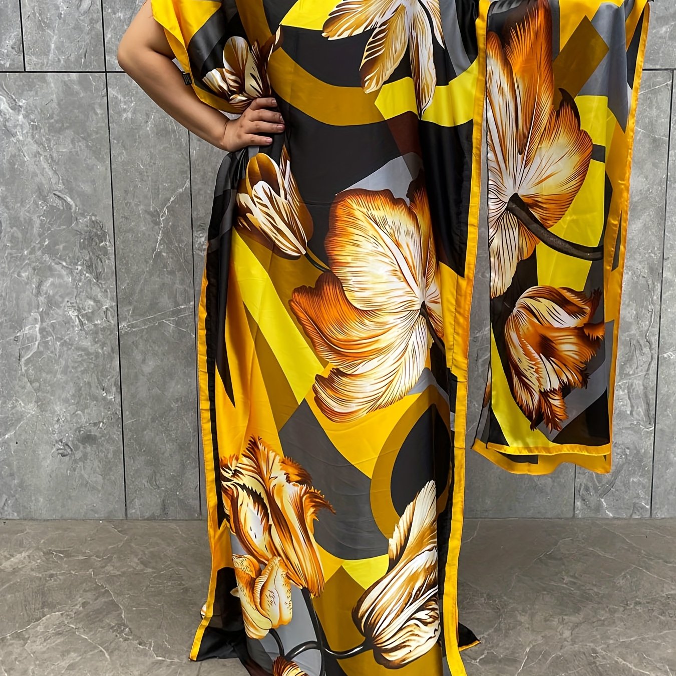 Women's Plus Size Floral Print Tunic Dress Polyester Crew Neck Batwing Sleeve