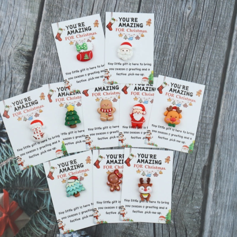 Set of 10 Christmas Greeting Cards with Resin Charms, Festive Santa, Reindeer, Snowman Designs