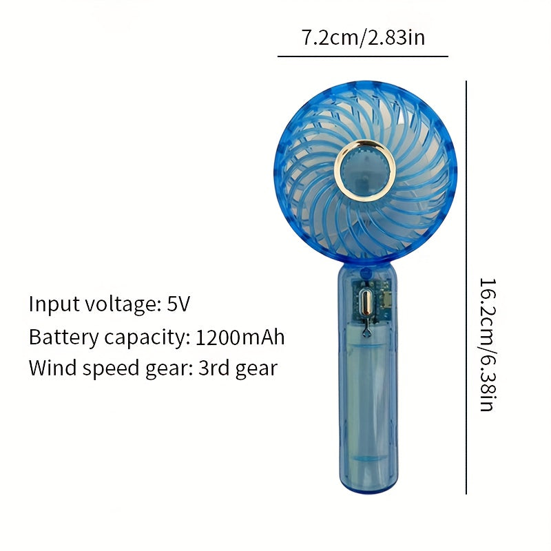 Portable Handheld Fan USB Rechargeable Quiet 3-Speed Compact Transparent