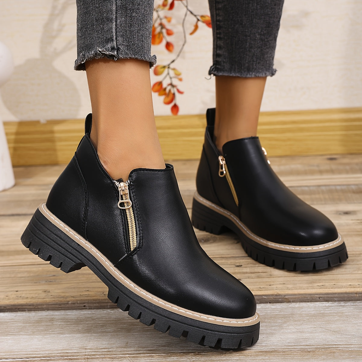 Women's Ankle Booties Solid Color Round Toe Platform Heel Casual Shoes