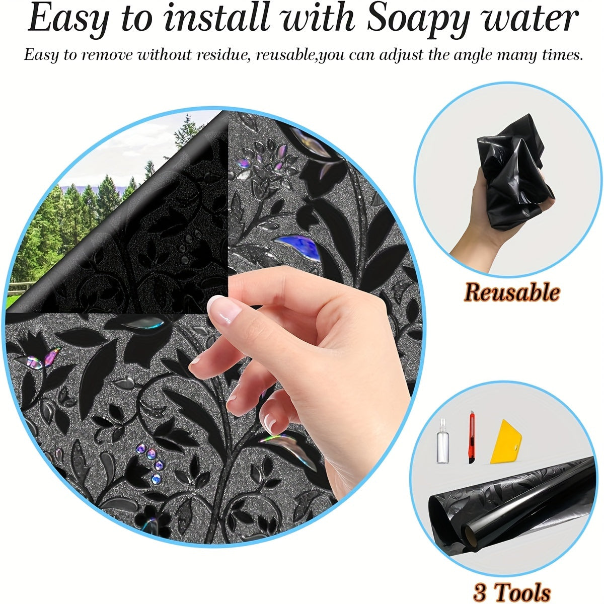 Black Tulip Glass Window Film Electrostatic Glueless Stickers for Home Office Decor