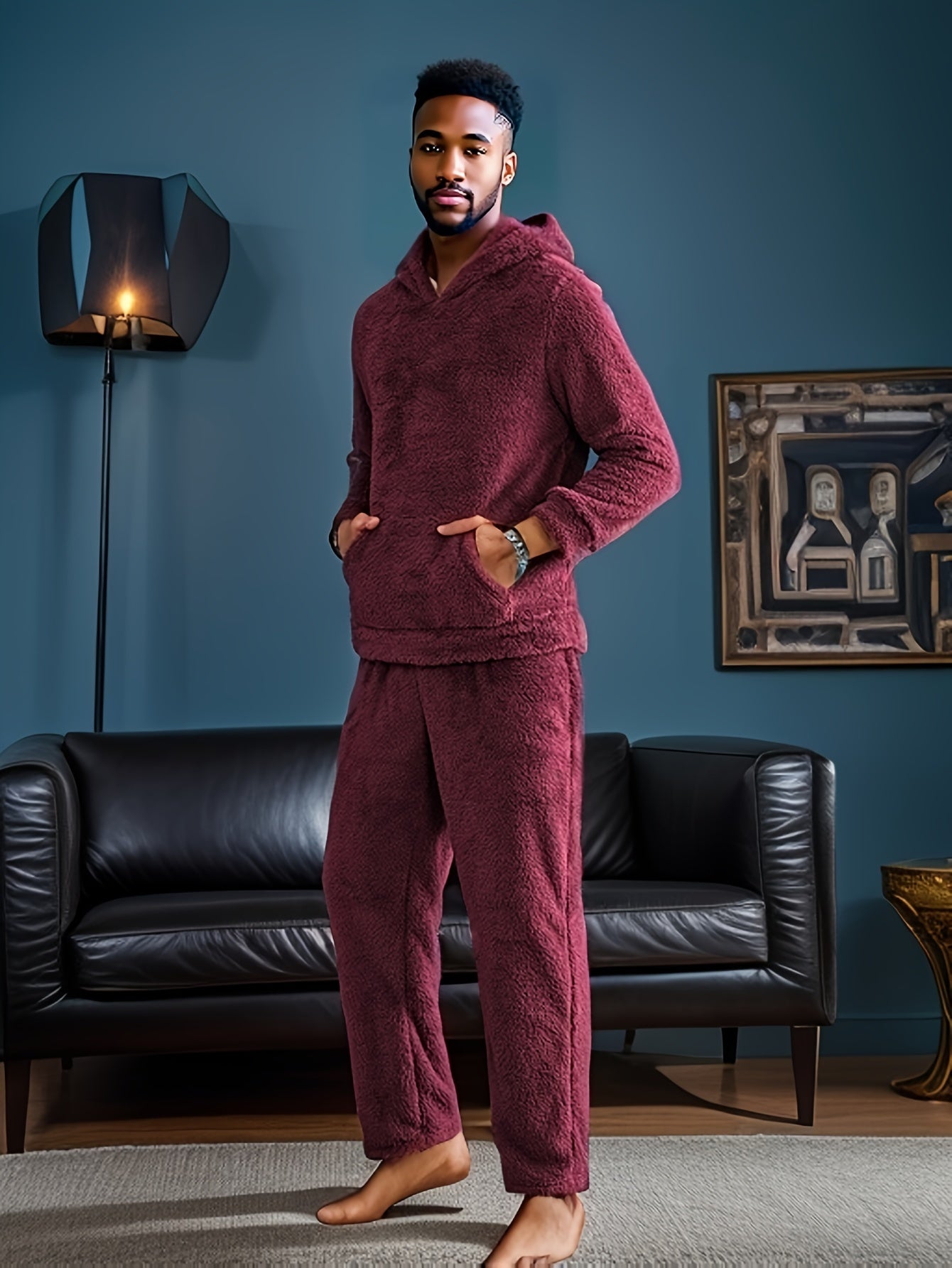 Men's Plush Fleece Hooded Pajama Set with Pockets for Winter Sleepwear