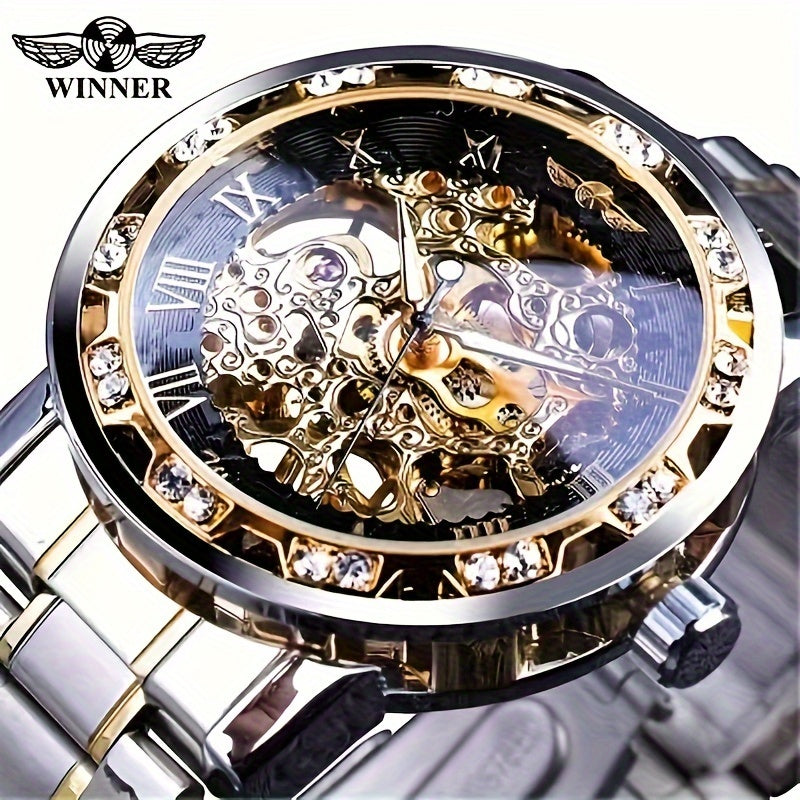 Men's Mechanical Skeleton Watch with Rhinestones Stainless Steel Band