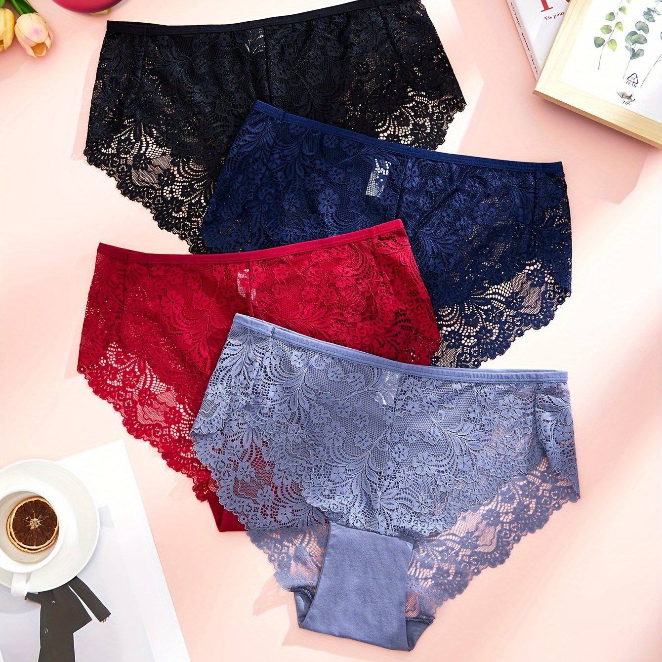 Women's Plus Size Floral Lace Briefs 4 Pack Breathable Stretchy Panties