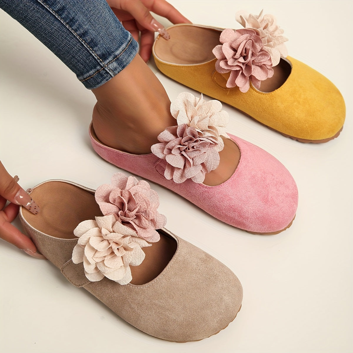 Women's Slip-On Mules with Floral Embellishments Soft Fabric Upper All-Season Casual Shoes