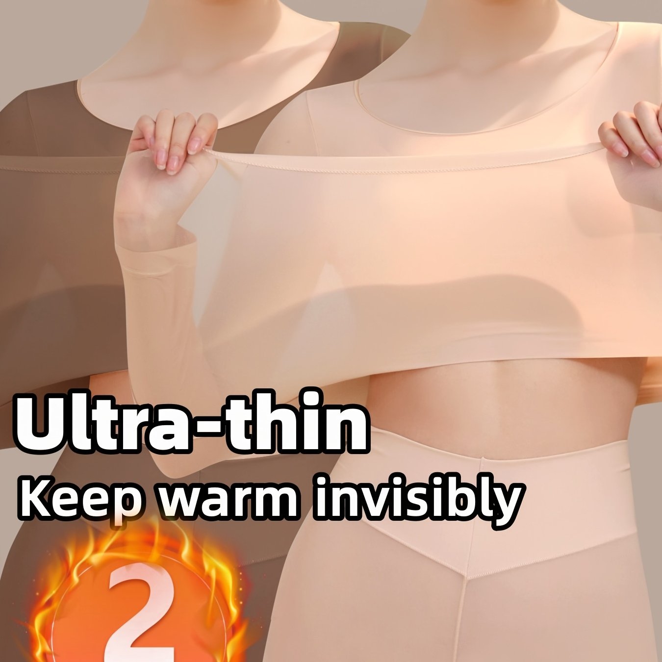 Women's Long Sleeve Thermal Top Set Ultra-Thin High Elastic Knit Base Layer Autumn Winter