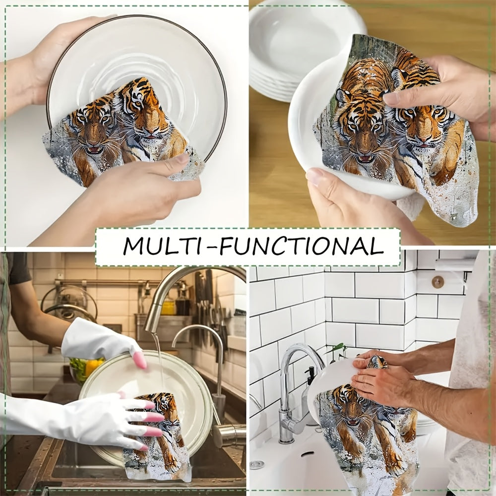 Set of 2 Watercolor Tiger Kitchen Towels 16x24 Inches Absorbent Machine Washable