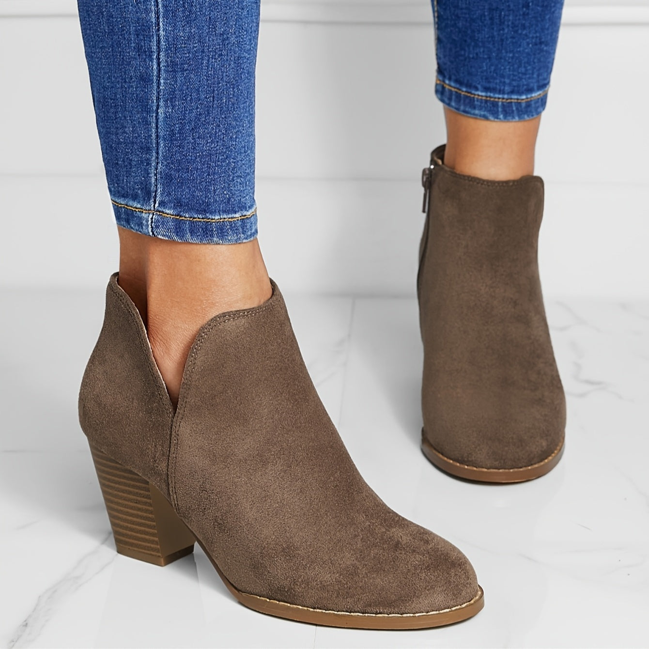 Women's Retro Block Heel Ankle Boots Brown Zipper Casual All-Season