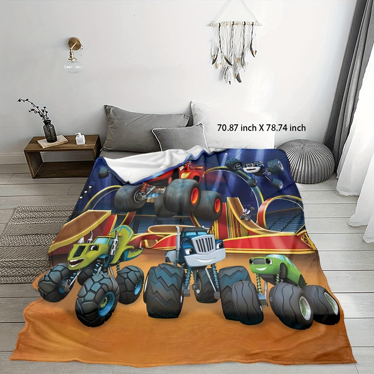 Monster Truck Flannel Fleece Throw Blanket Cartoon Design Hypoallergenic Easy to Clean Versatile Bedding