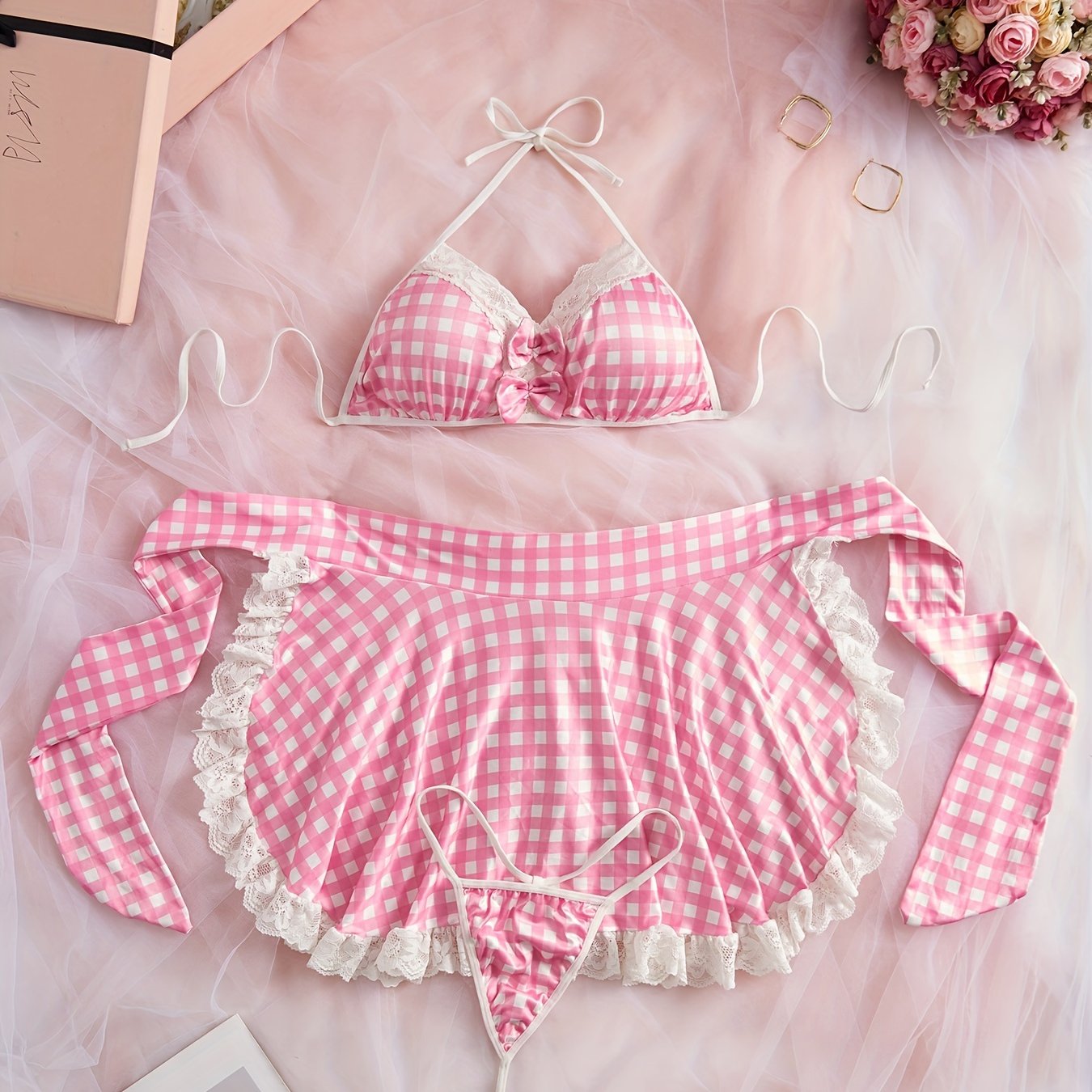 Plaid Maid Outfit with Ribbon Bow and Sexy Lingerie for Women