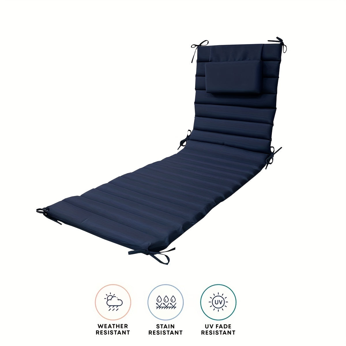 Outdoor Lounge Cushion Dark Blue 182.88cm x 53.34cm with Headrest and Straps for Patio Pool Chairs