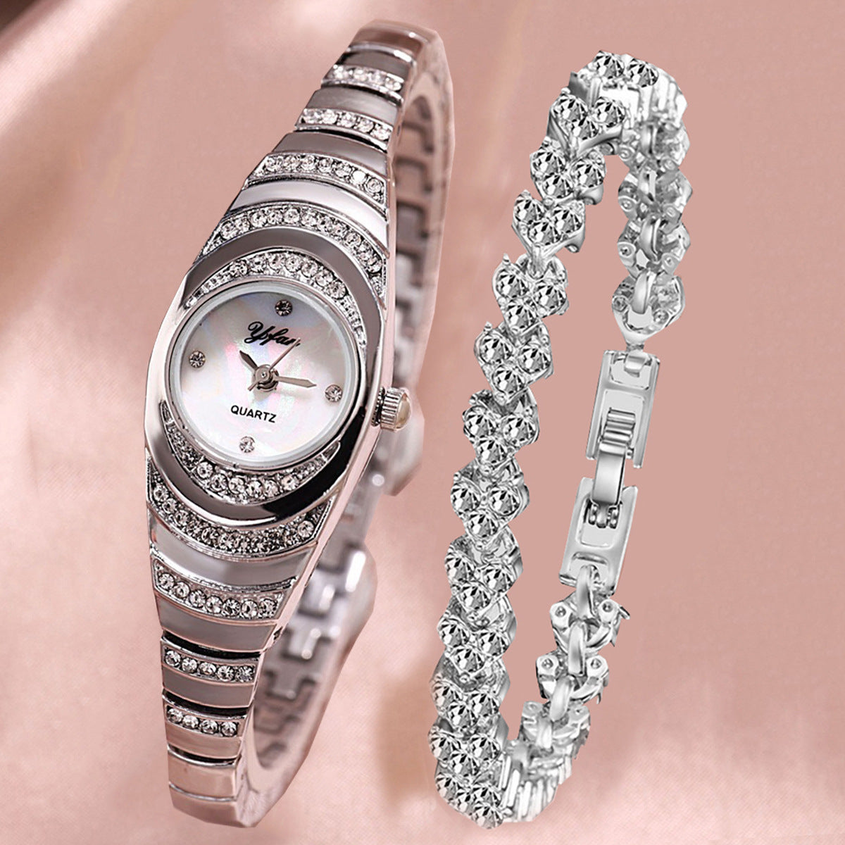 Women's Wrist Watches Set with Rhinestones and Stainless Steel Bands