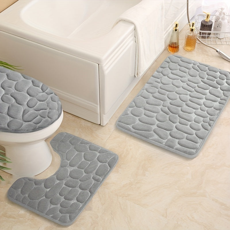 Set of 3 Memory Foam Bathroom Rugs Non-Slip Absorbent Cobblestone Design