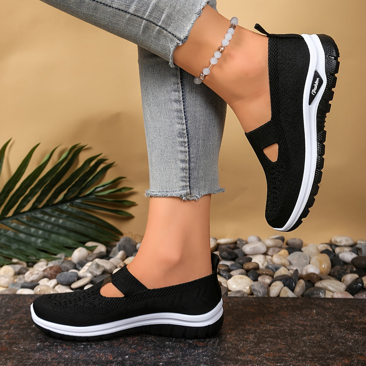 Women's Knit Slip-On Sneakers Breathable Mesh Cushioned Sole Black
