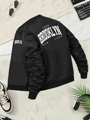 Plus Size Women's Casual Baseball Collar Jacket Black and White Print Zip-Up Outerwear