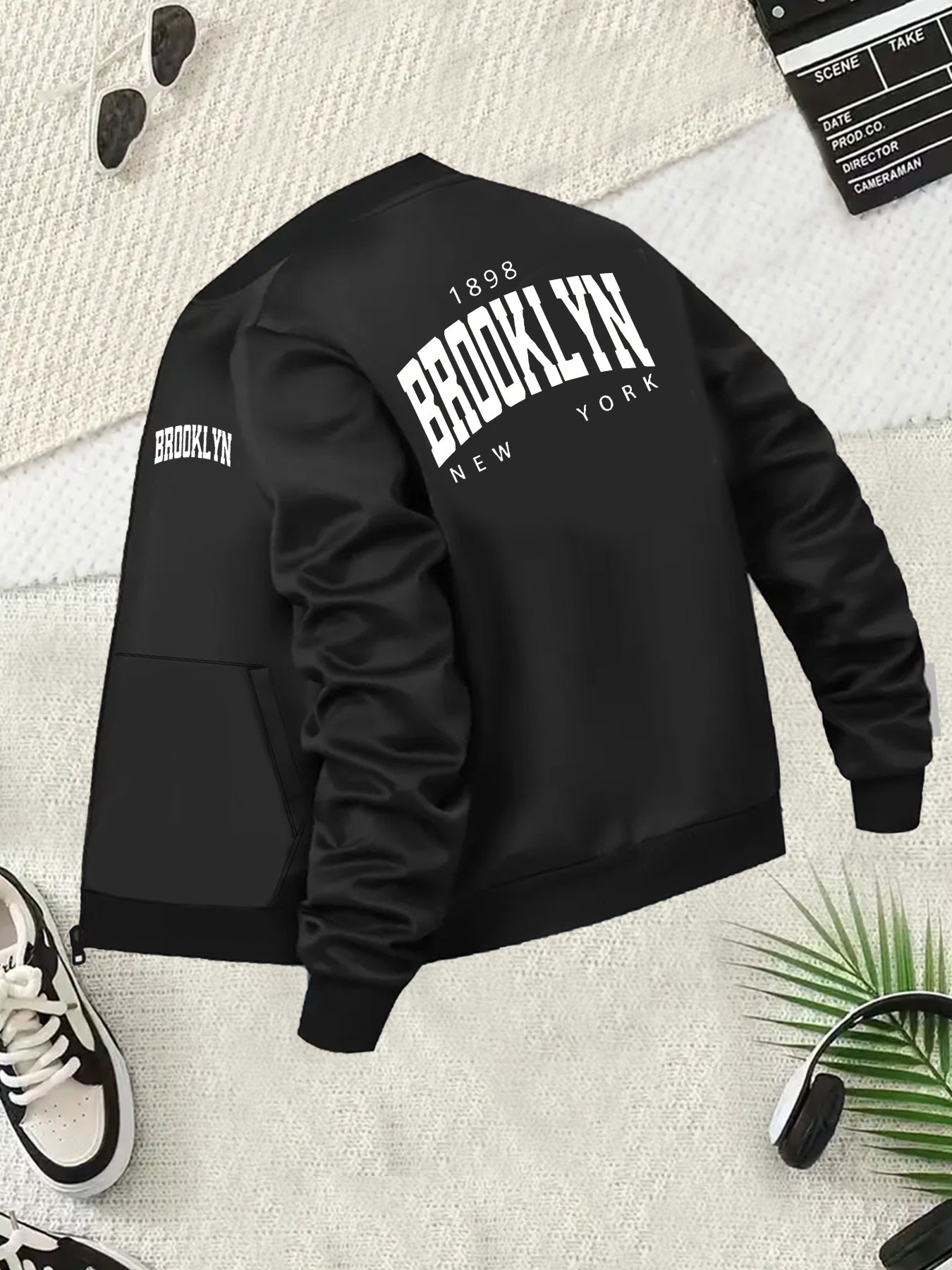 Plus Size Women's Casual Baseball Collar Jacket Black and White Print Zip-Up Outerwear