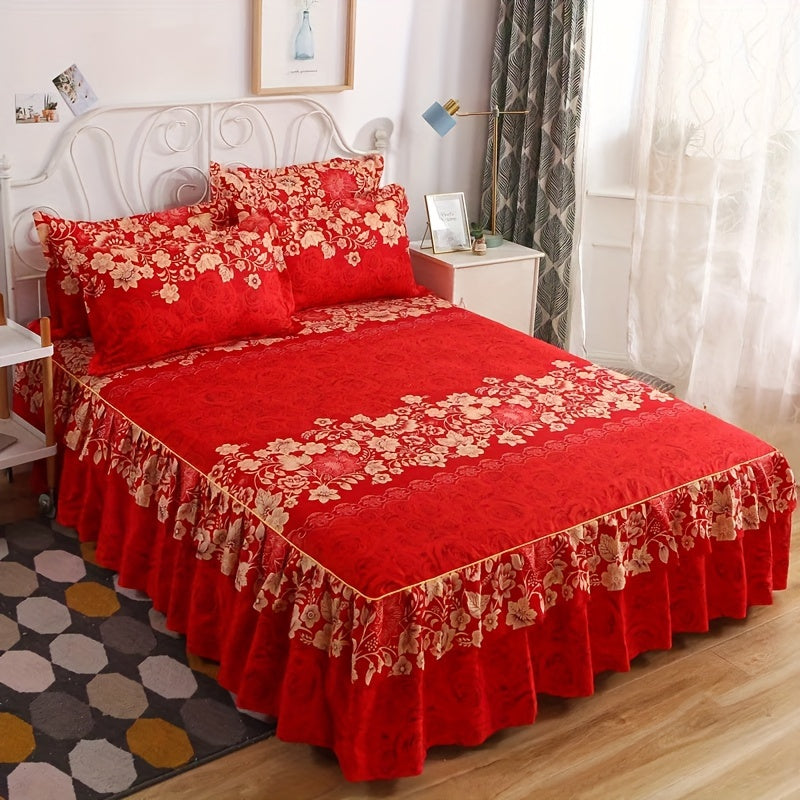 Set of 3 Tropical Floral Bedding Set with Lace Bed Skirt and Pillowcases Ruffled Edges Purple