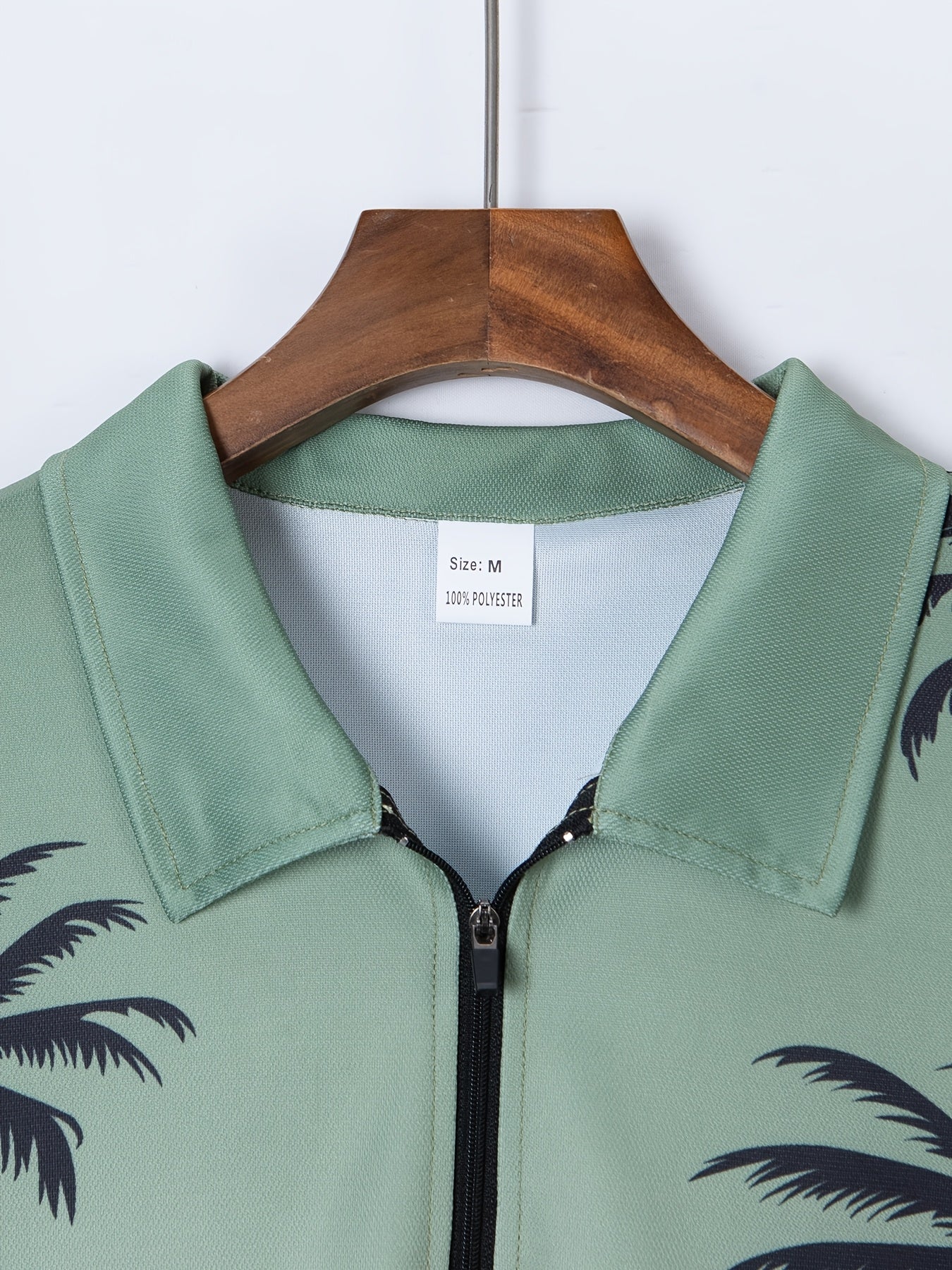 Men's Summer Knit Polyester Palm Tree Print Shirt and Shorts Set Zipper Turn-Down Collar Casual Beachwear