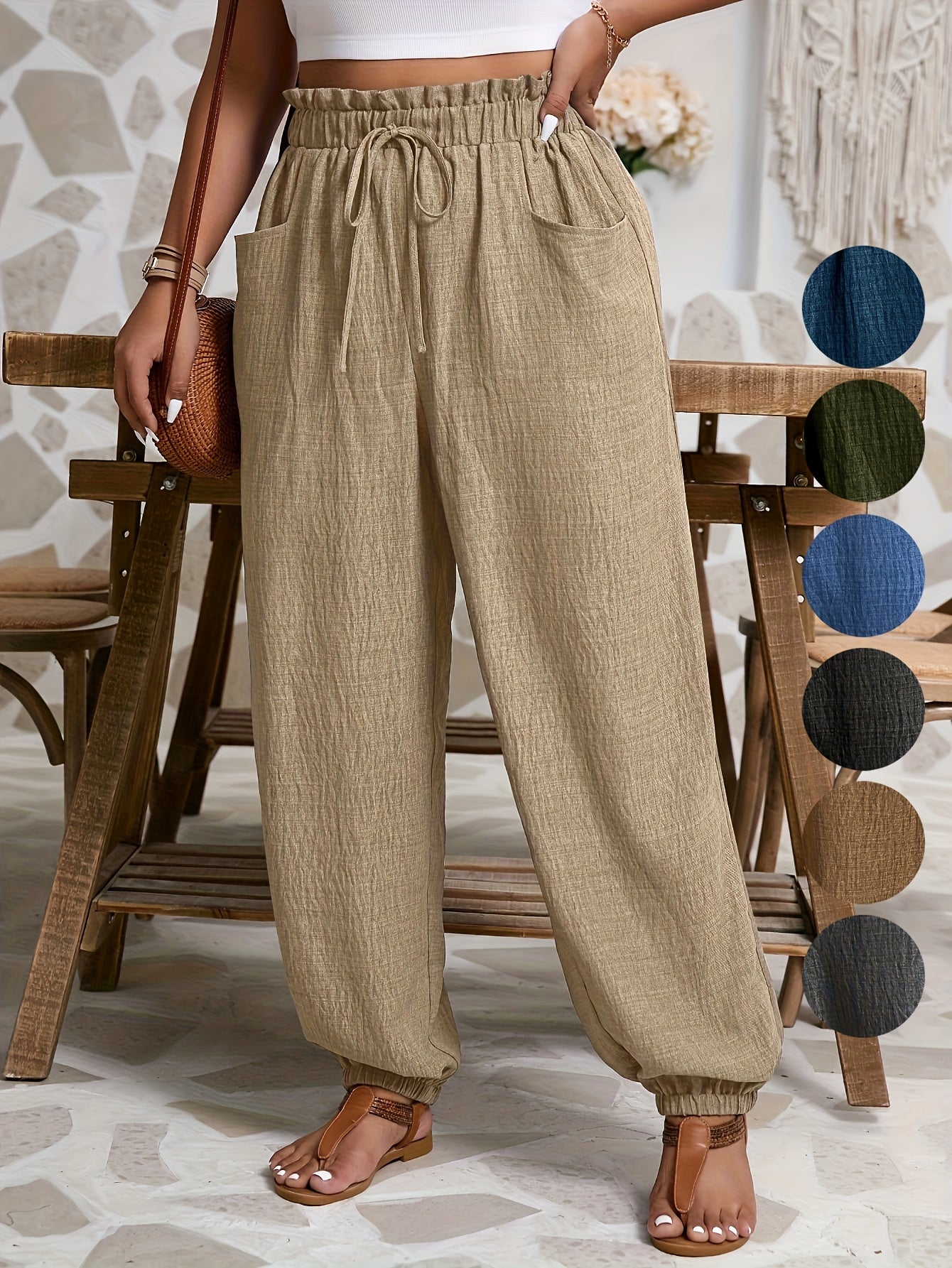 Pantalones casuales de talla grande para mujer con cintura elástica, bolsillos y color sólido