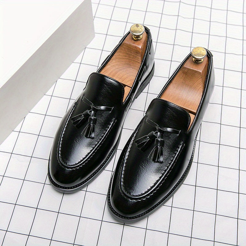 Men's Leather Tassel Loafers Business Casual Slip-On Oxfords Round Toe