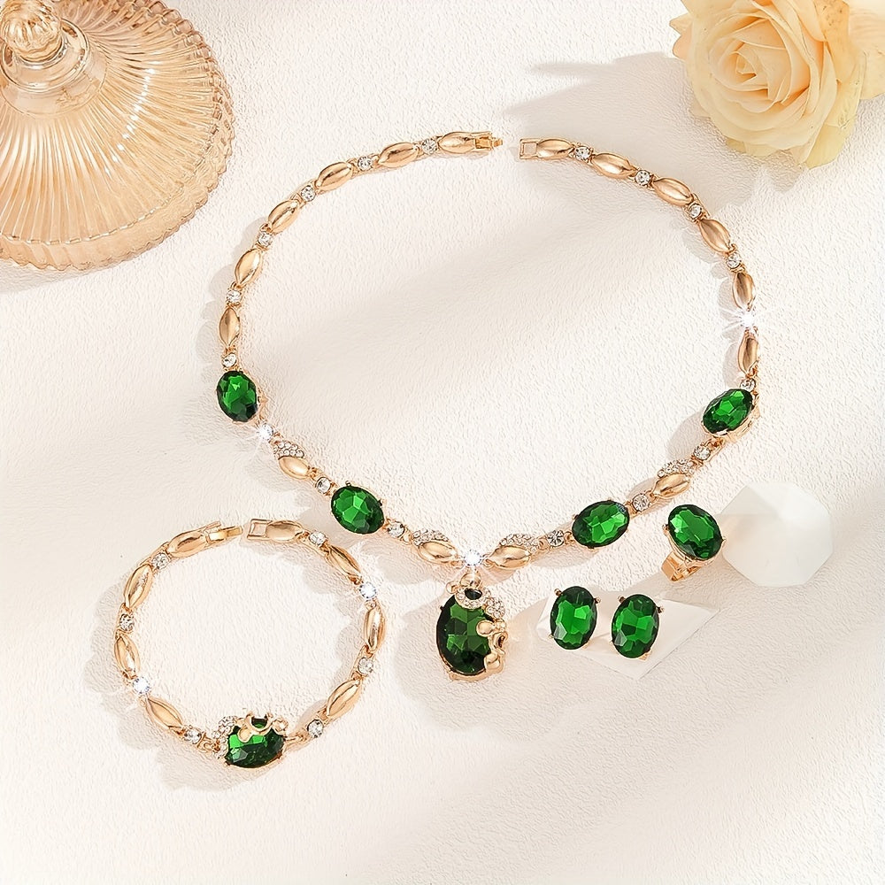 Jewelry Set 14K Gold Plated Sparkling Synthetic Emerald Glass Accents for Women