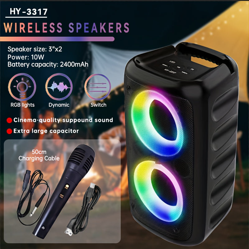 Wireless Speaker with Subwoofer Dual 10W RGB Lights FM Radio TF Card USB Battery Black