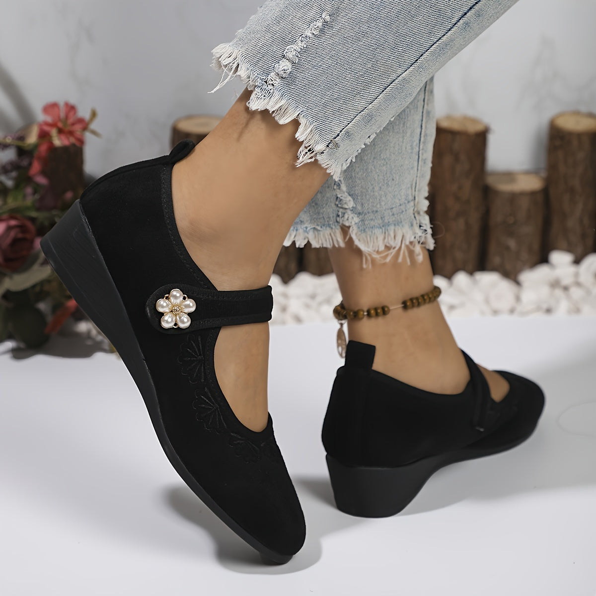 Ayollar uchun flanelli tikilgan Mary-Jane poyabzali, engil, kundalik, yengil burchakli taglik bilan