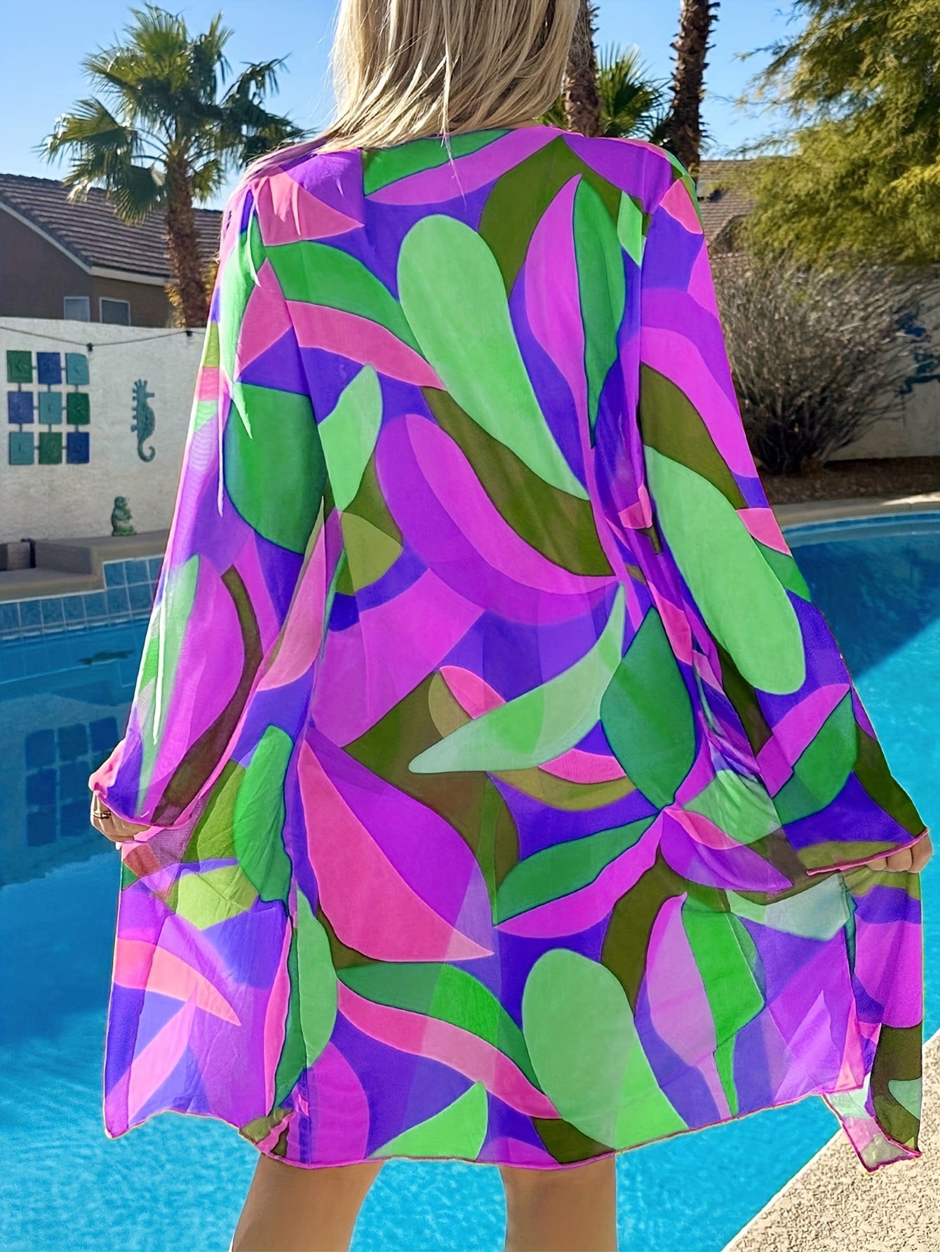 Women's 3-Piece Swim Cover-Up Set Geometric Print Knit Polyester Sun Protection