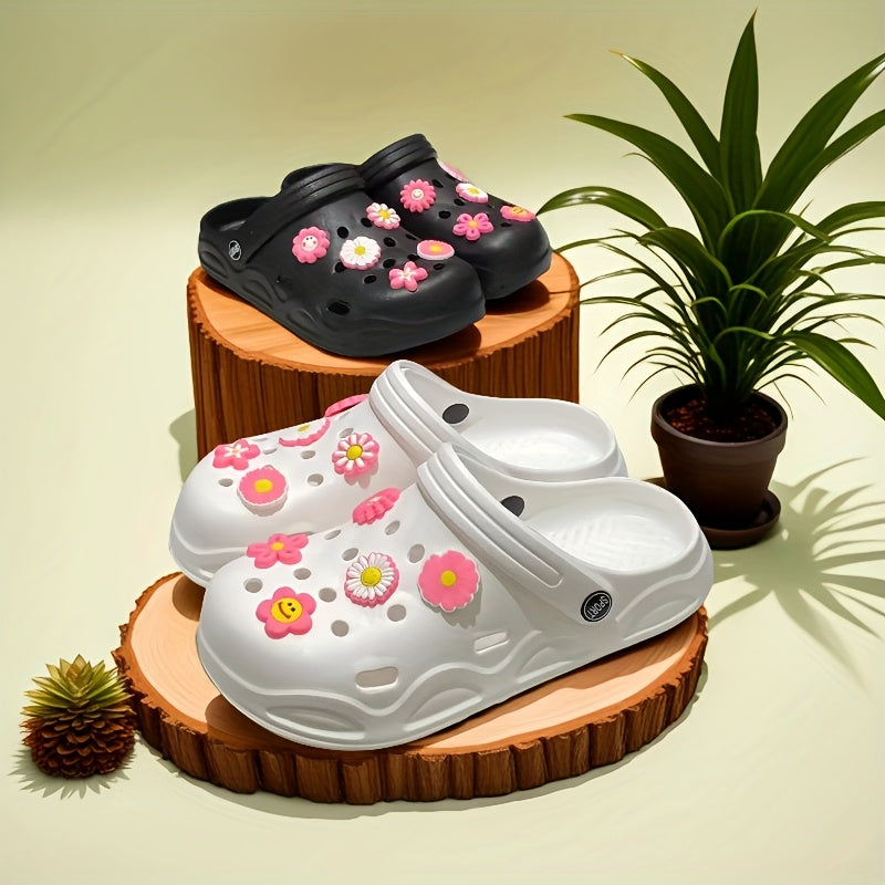 Women's Summer Clogs With Pink Flower Accessories Slip-On Comfortable Beach Daily