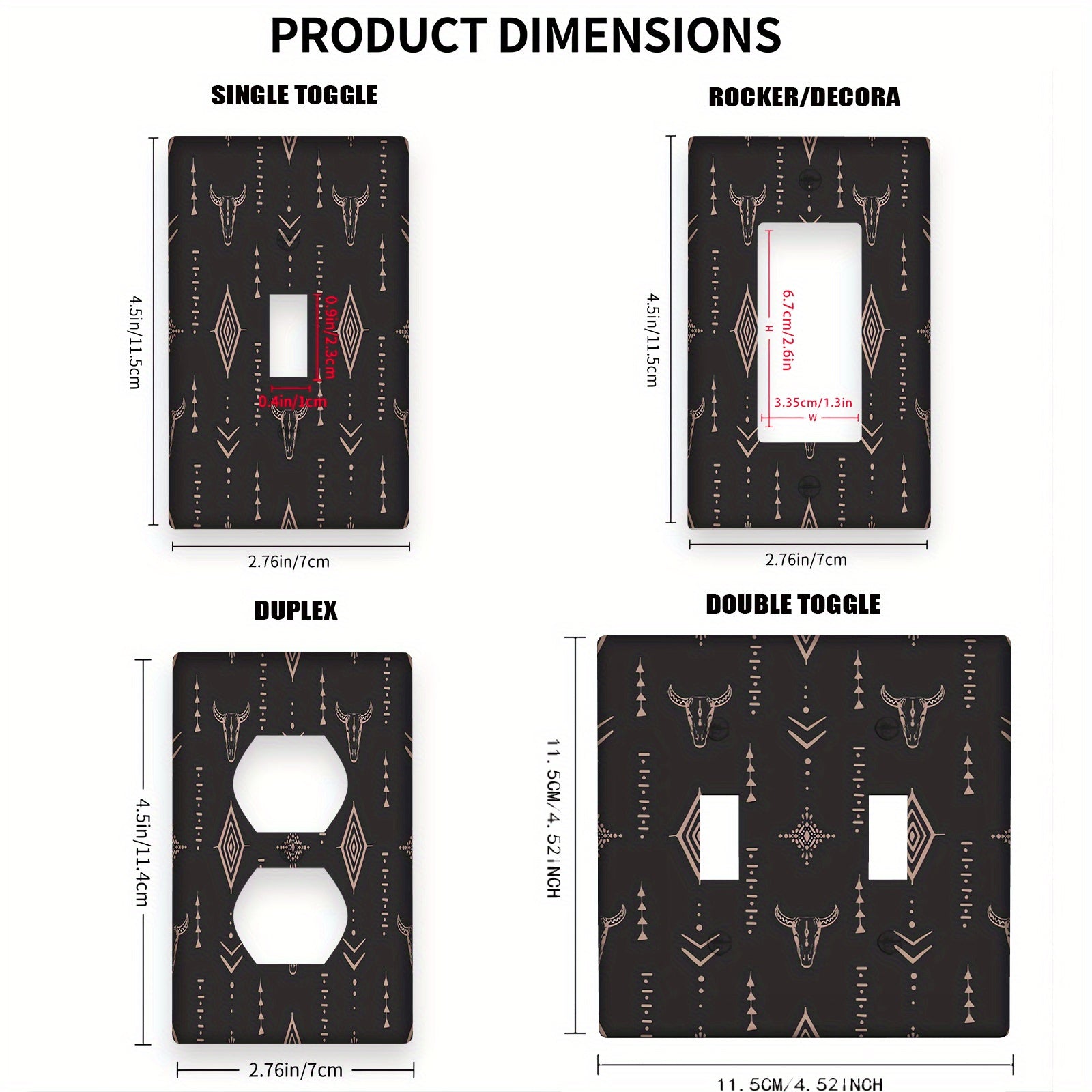 "Геометрическая крышка переключателя с черепом коровы ацтеков, на 1 или 2 гнезда, без электричества, легкая в очистке, универсальная для кухни, ванной, домашнего декора."