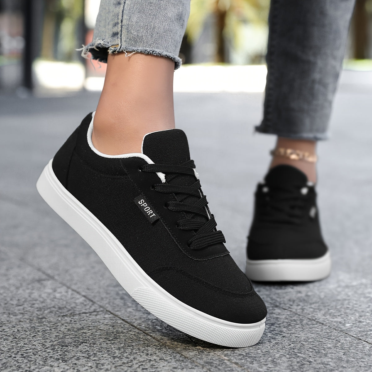Women's Lightweight Breathable Black Skate Sneakers Casual Comfort Wide Sizes