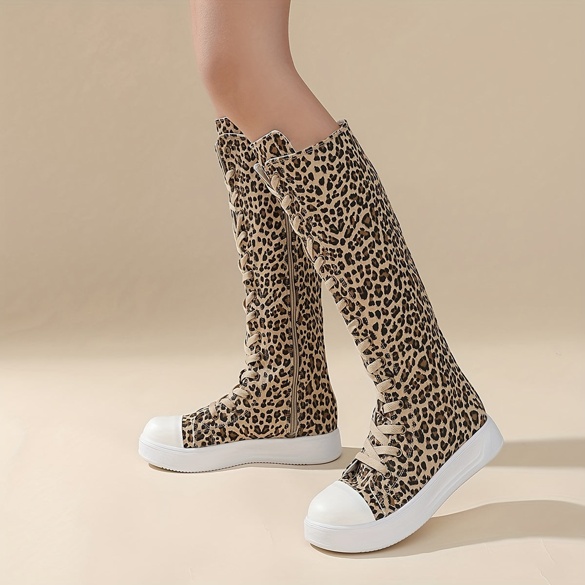 Women's Leather Leopard Print Casual Mid-Calf Boots With Zipper